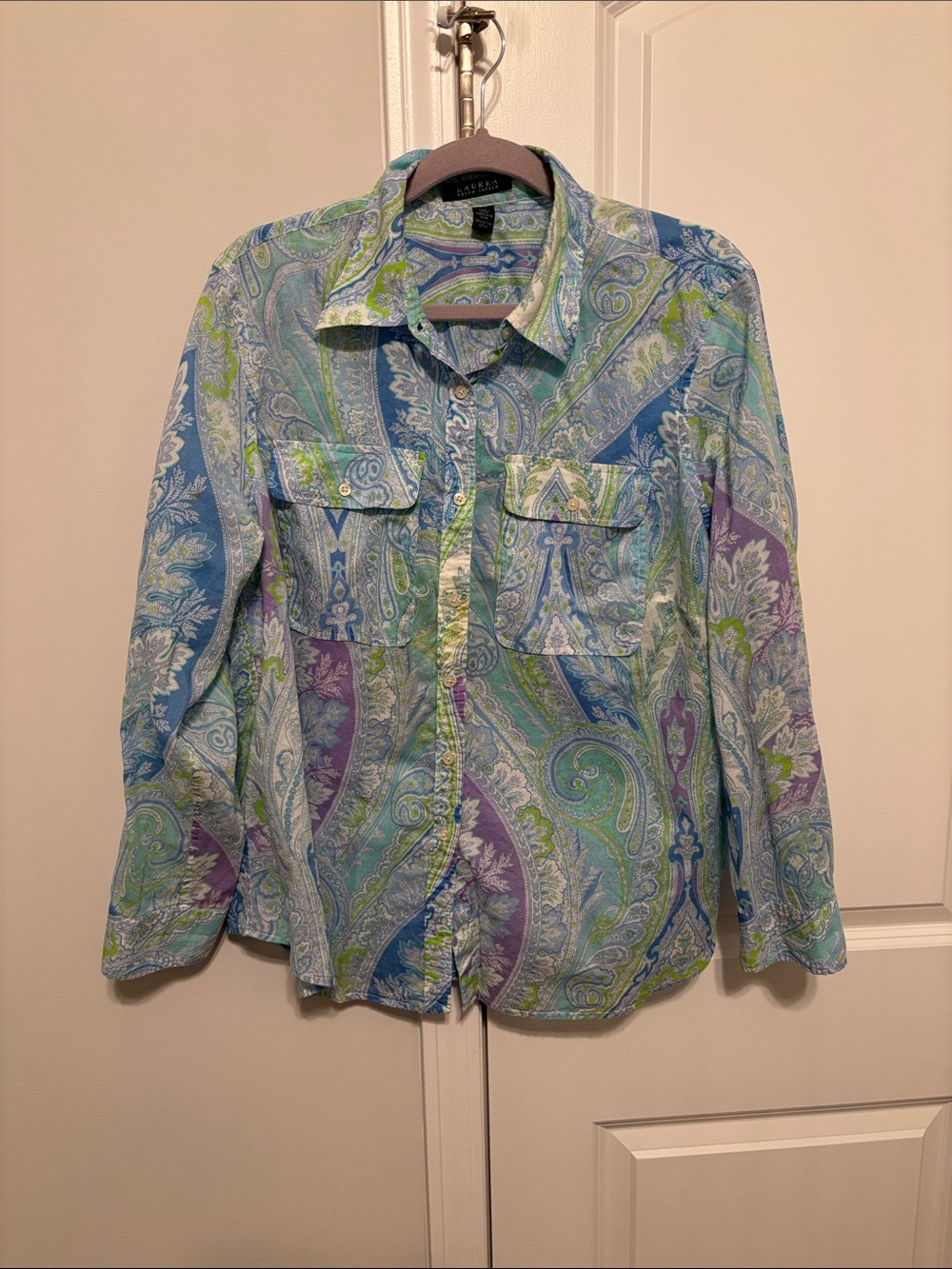 Ralph Lauren Women's Paisley Button-Front Shirt in Blue, Green & Purple 1X